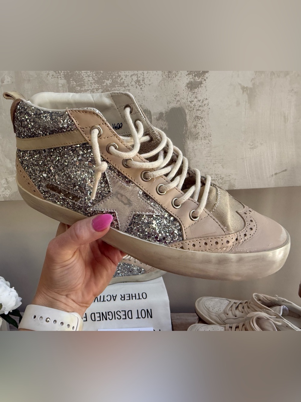 Golden Goose Beige and Silver Glitter High-Top Sneakers